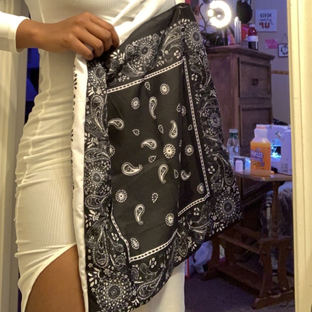 Half white half black bandanna tote bag